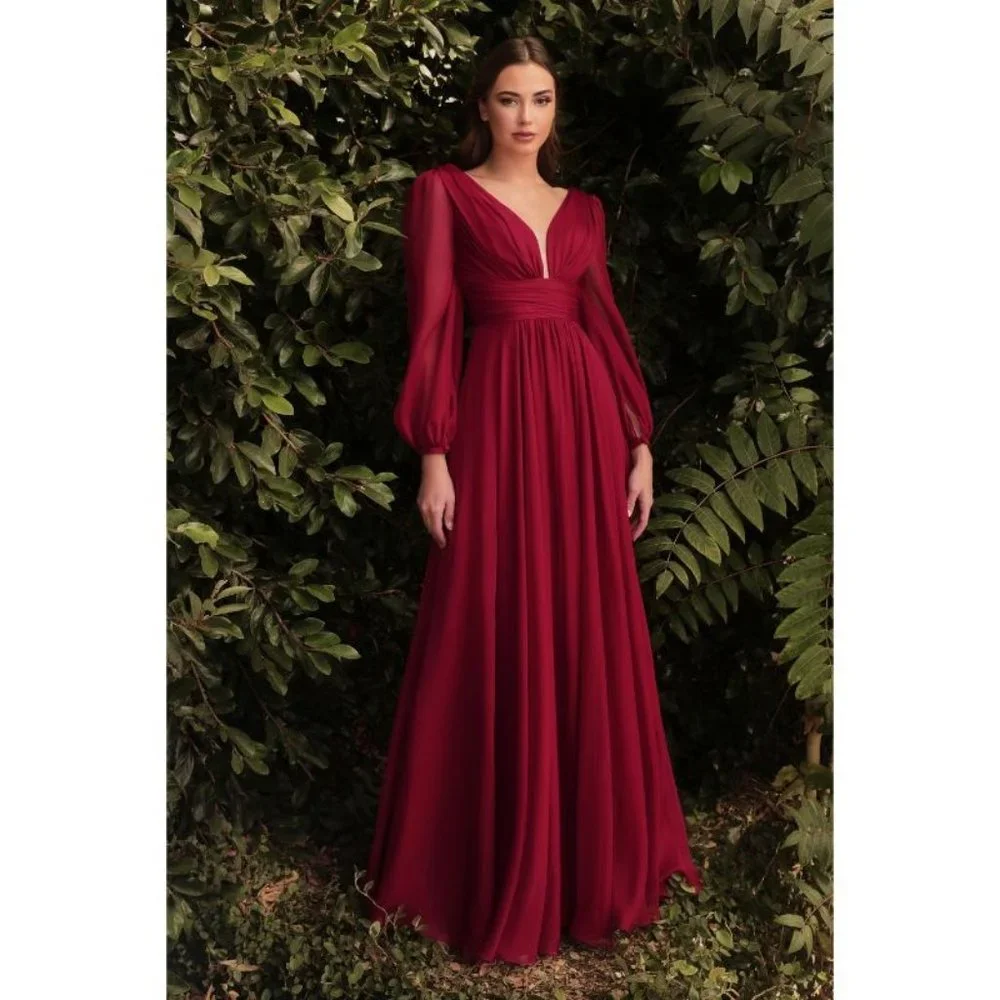 NEW BURGUNDY Cinderella LONG SLEEVE CHIFFON DRESS MultiSizes CD0192